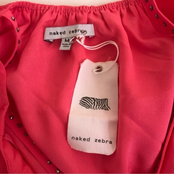 NWOT Naked Zebra Studded T Back Blingy Strappy Hi Low Deep V Coral Dress Medium - Picture 8 of 13